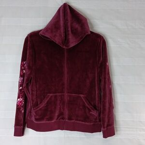 (relativity) petite Burgundy Velour Full Zip‎ Hoodie with Embroidered Sleeves PM